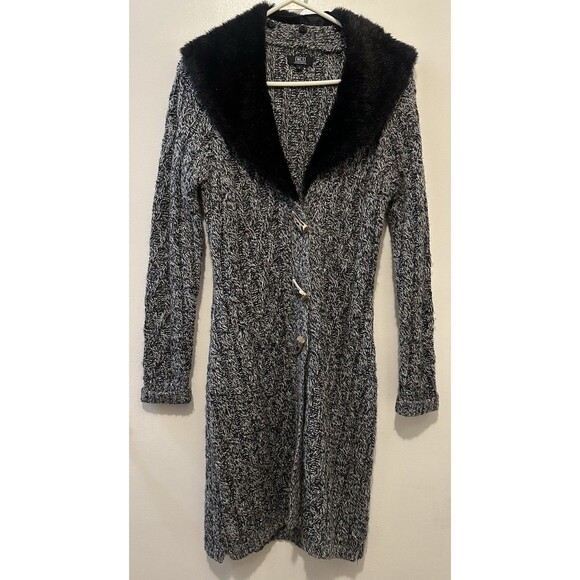 NILS Sportswear Women’s Long Knit Cardigan Sweater Wood Blend Faux Fur Collar S - Picture 1 of 4